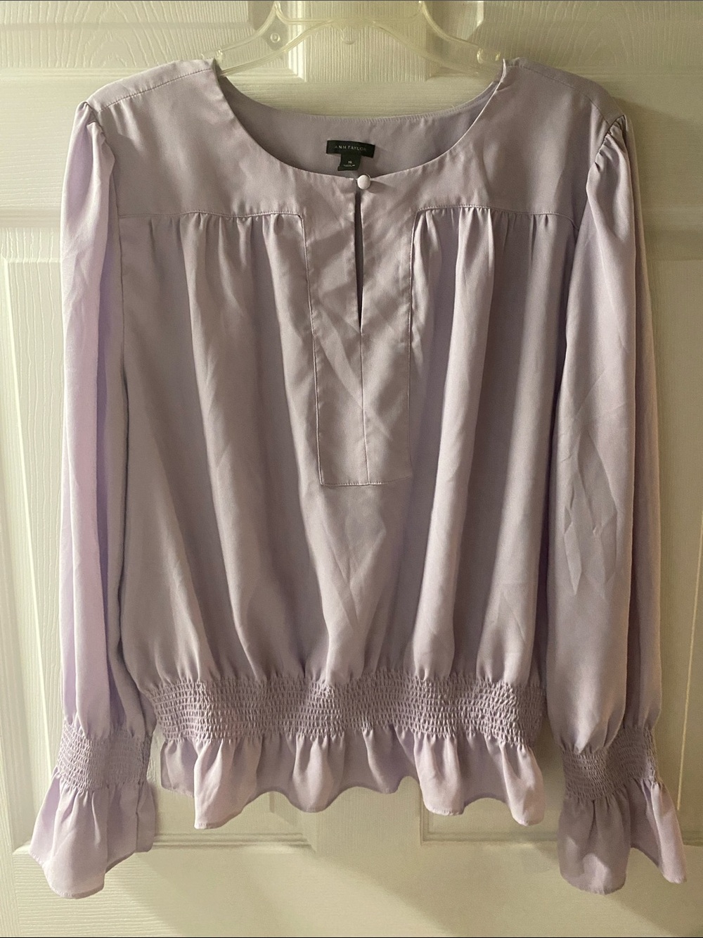 Ann Taylor Lavender Long-Sleeve Smocked-Hem Blouse